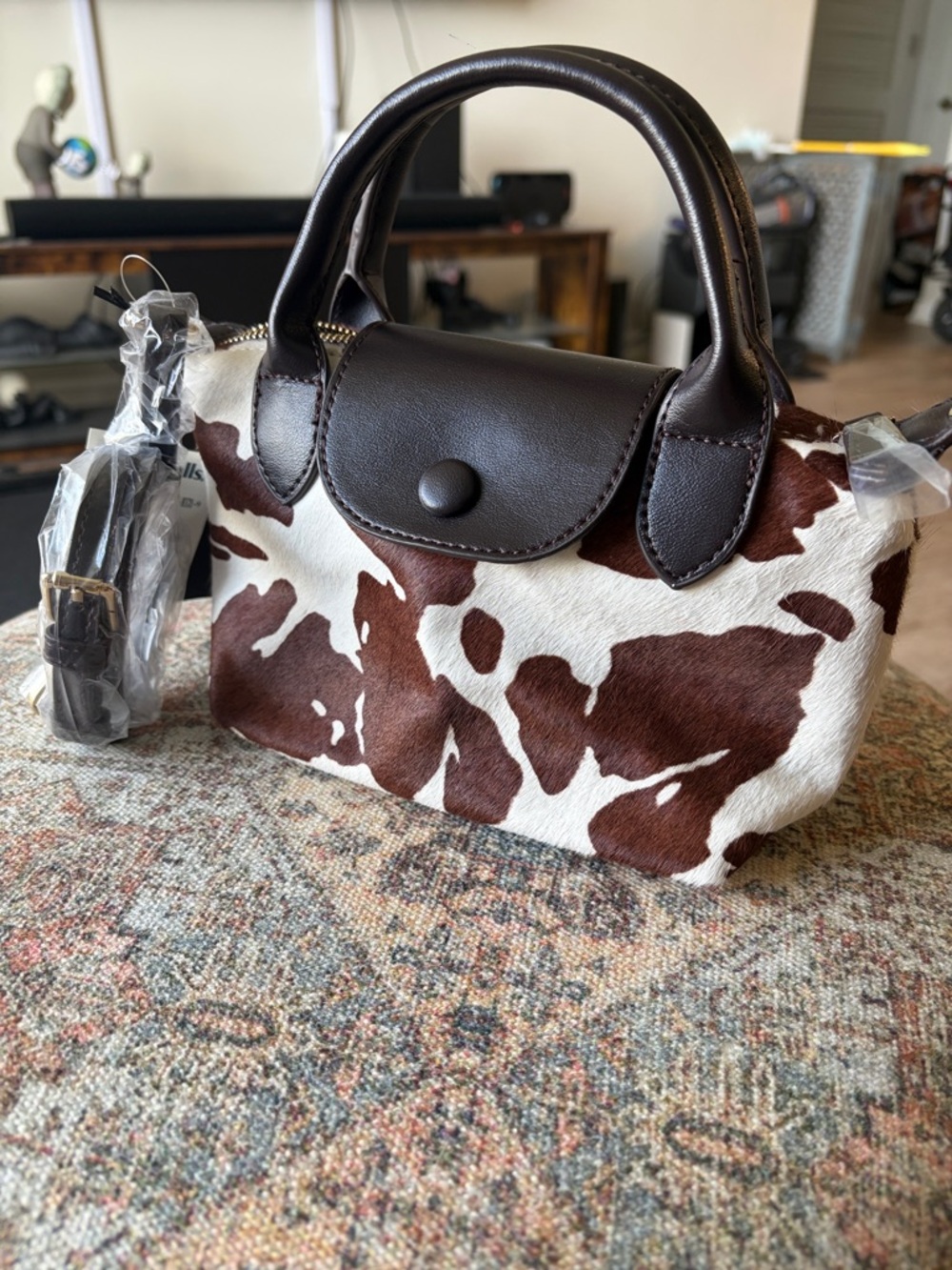 House of Harlow 1960 Brown and White Cowhide Mini Satchel